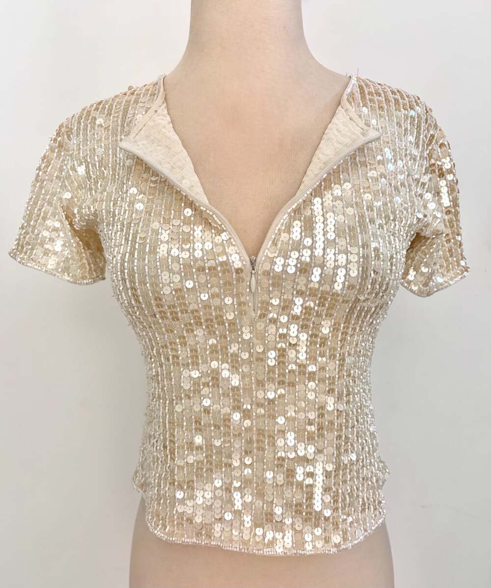 Vintage 1990s Mondi Sequin Beaded Short Sleeve Cropped Top Size SM Gold Zip Neck